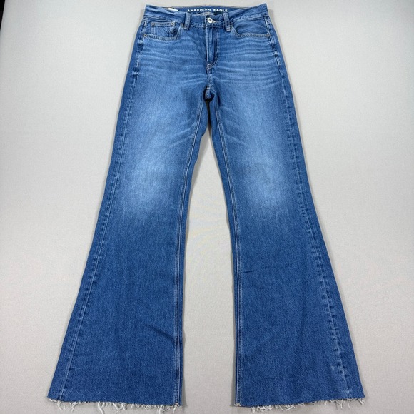American Eagle Jeans Womens 00 Blue Flared High Rise Raw Hem Whiskered Y2K Style - Picture 2 of 9